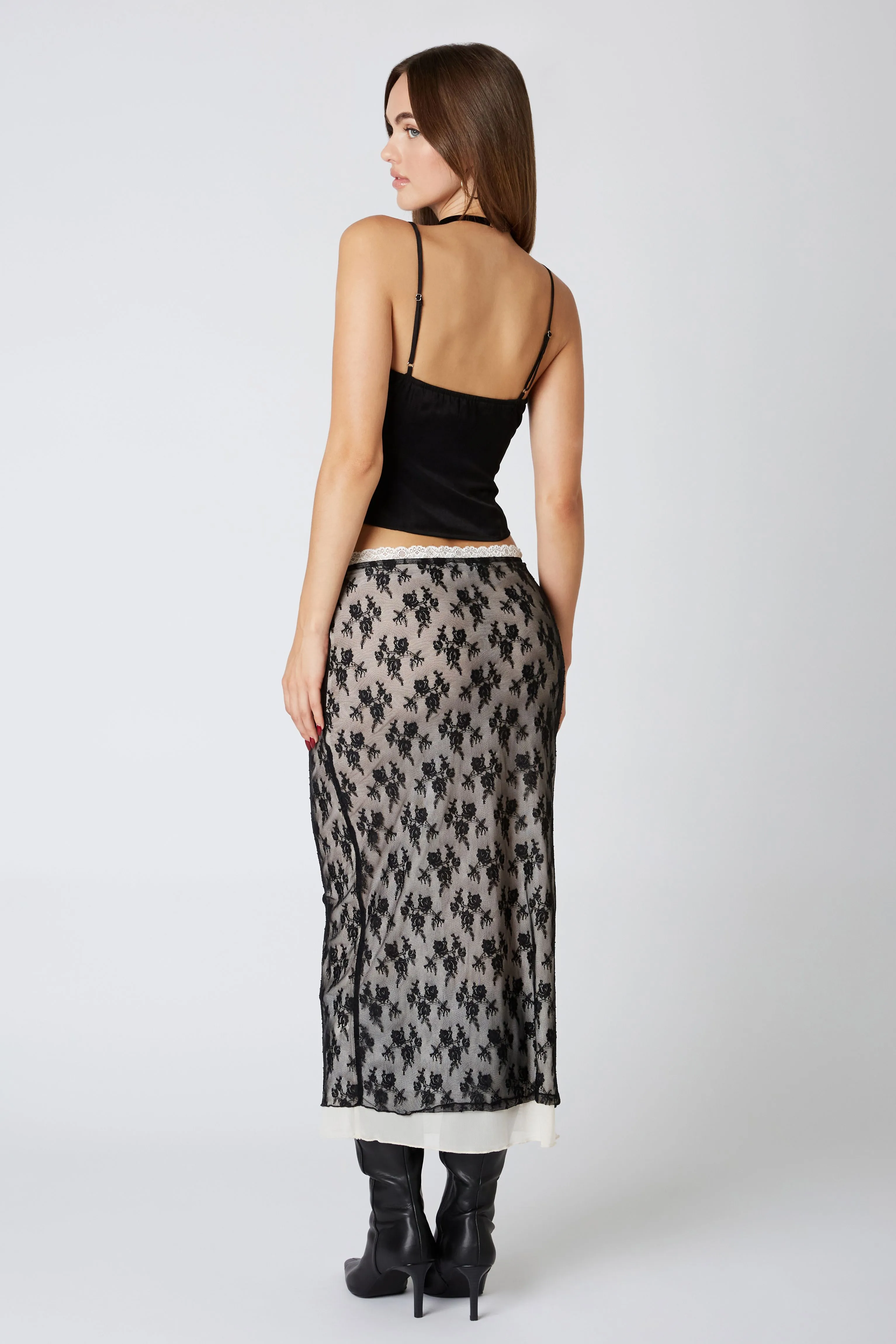 Floral Lace Overlay Midi Skirt