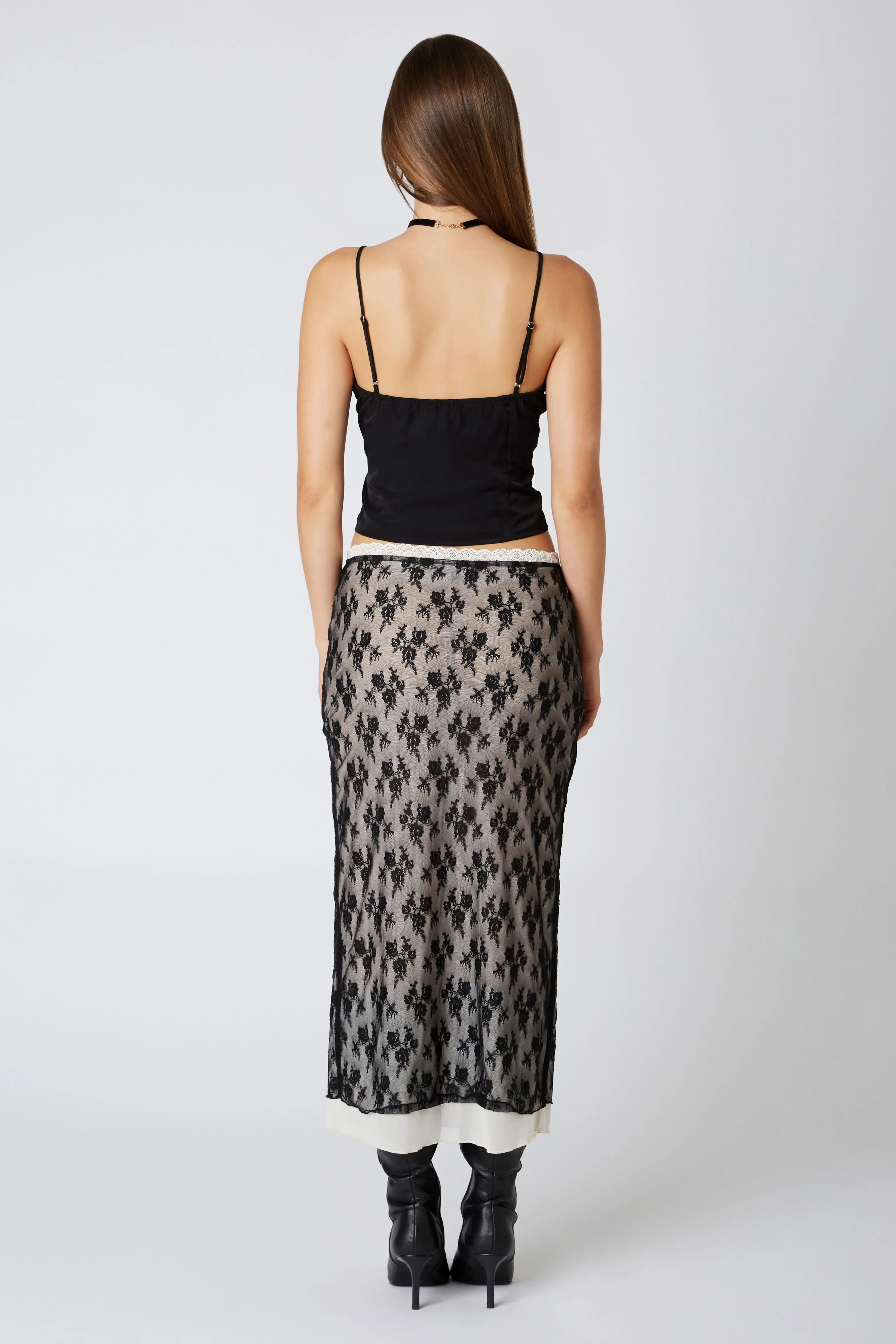 Floral Lace Overlay Midi Skirt