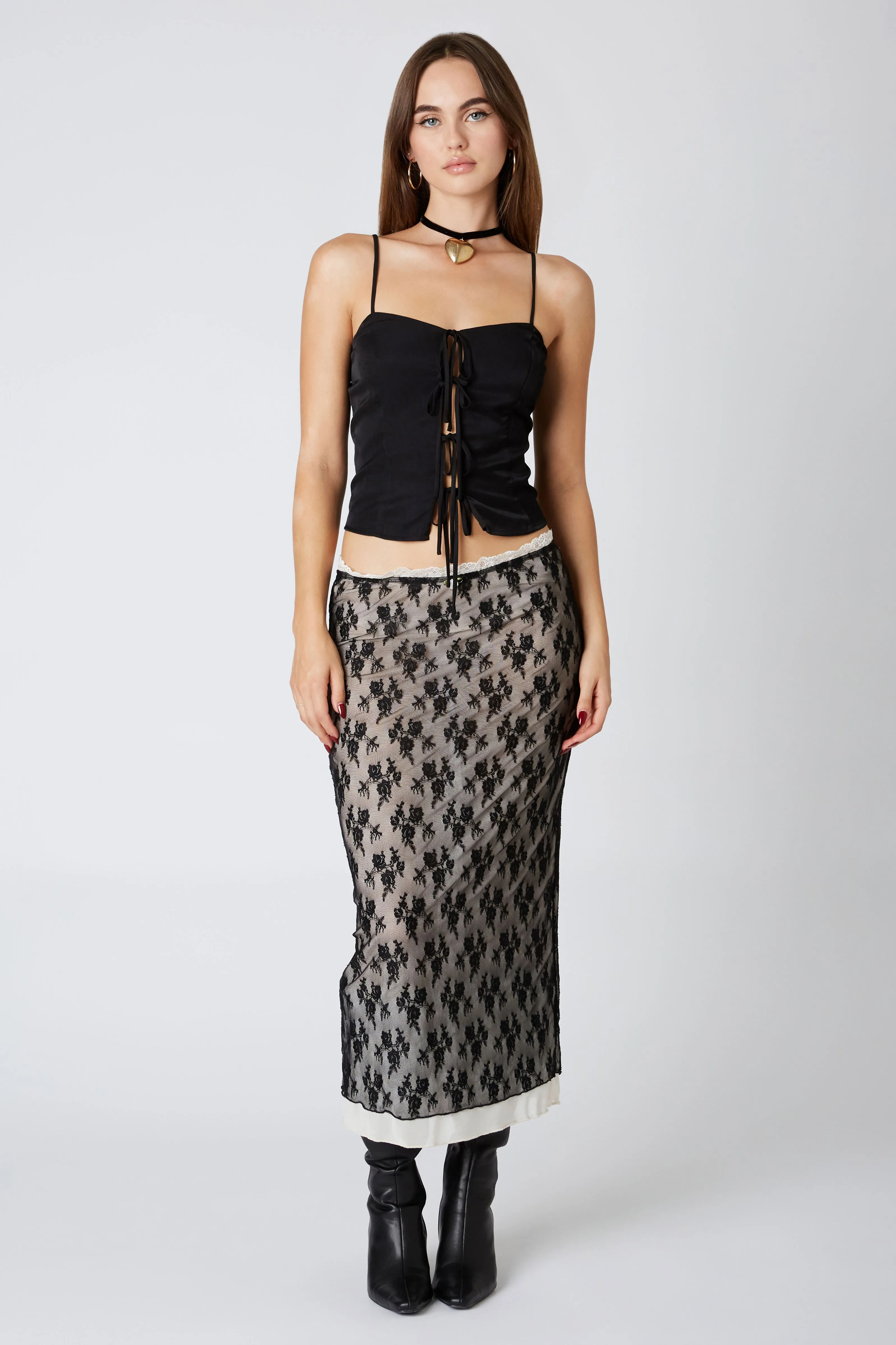 Floral Lace Overlay Midi Skirt