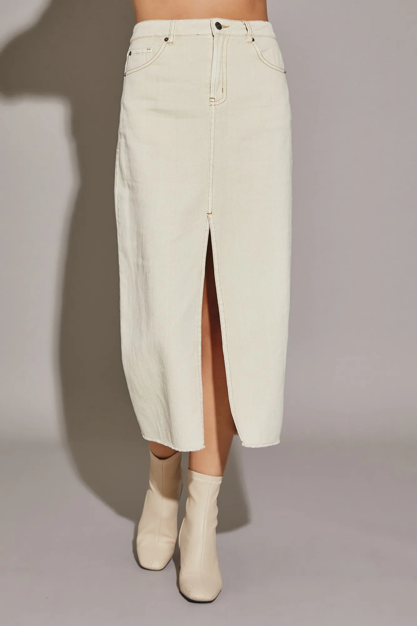 Front Slit Midi Denim Skirt