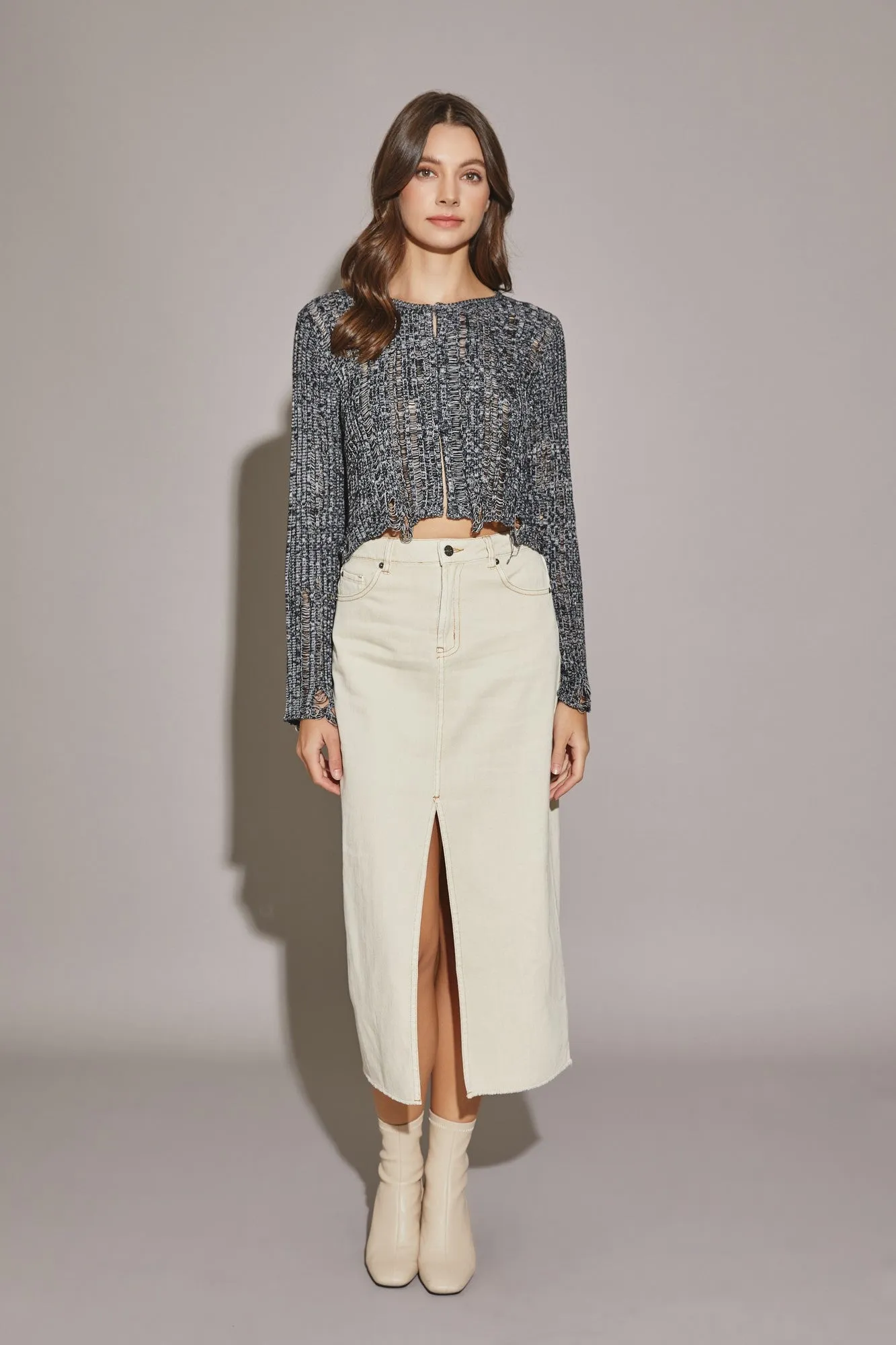Front Slit Midi Denim Skirt