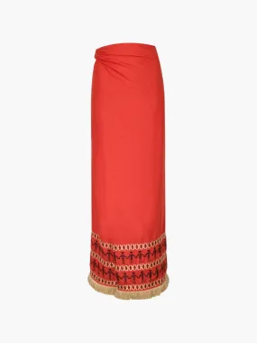 Guainia Linen Midi Skirt | Red Embroidered