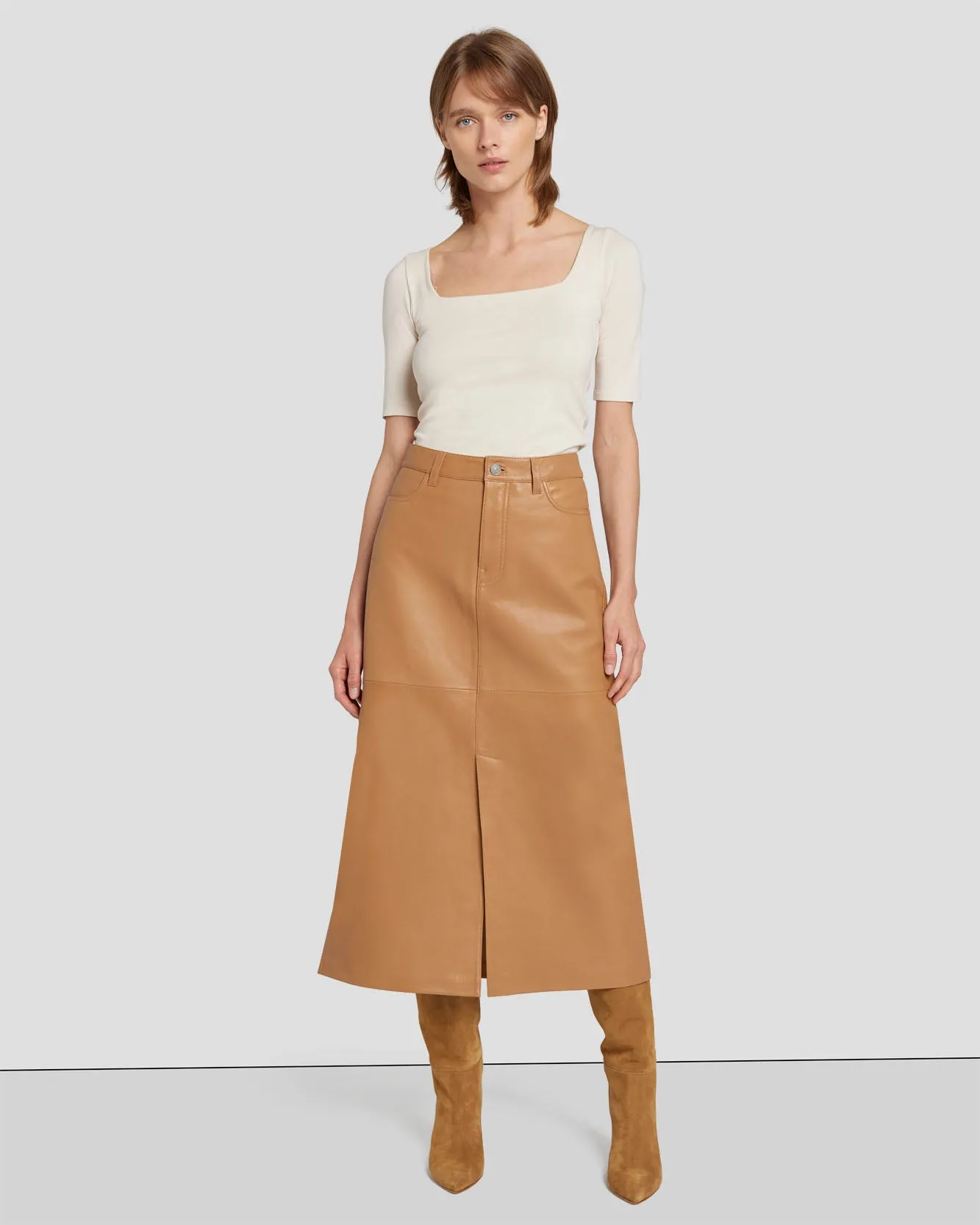Leather Midi Skirt in Brown Sugar