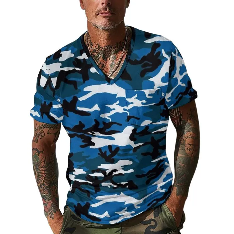 Men's Camouflage V Neck Breast Pocket Short Sleeve T-shirt 01984772Z