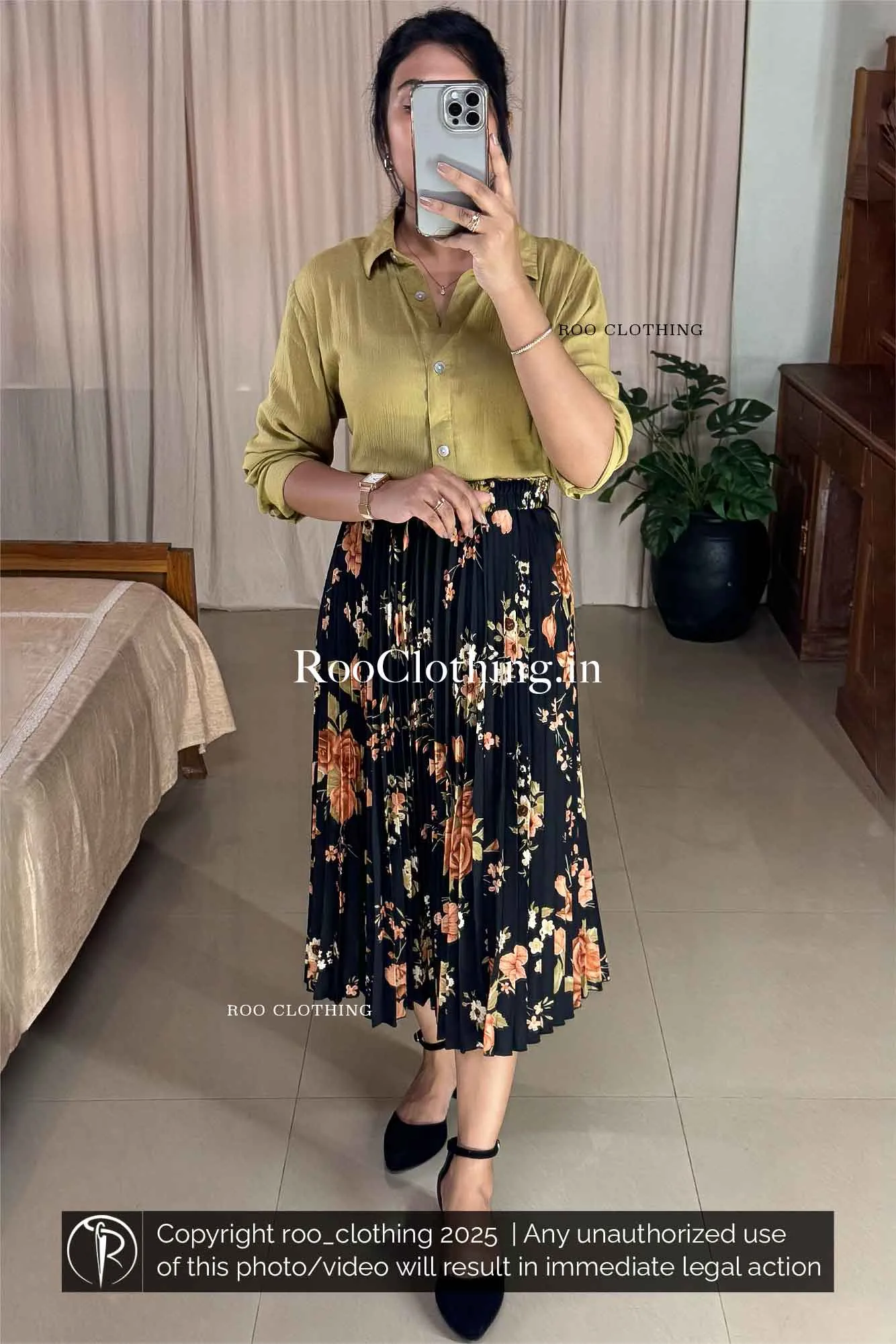 Midi Length Rustic Blossom Accordion Pleated Skirt Only