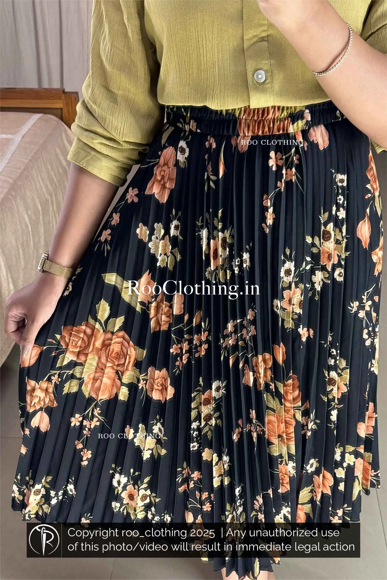 Midi Length Rustic Blossom Accordion Pleated Skirt Only