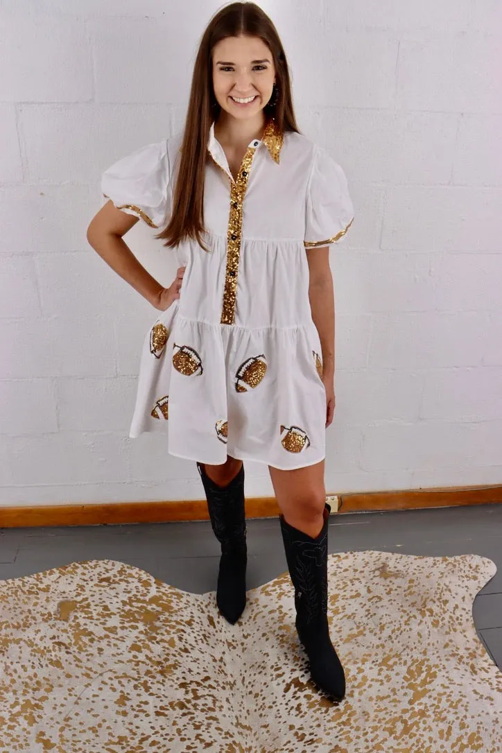Poplin Game Day Sequin Gold Footballs Shirt Dress