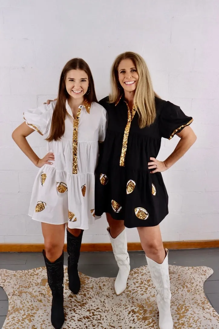 Poplin Game Day Sequin Gold Footballs Shirt Dress