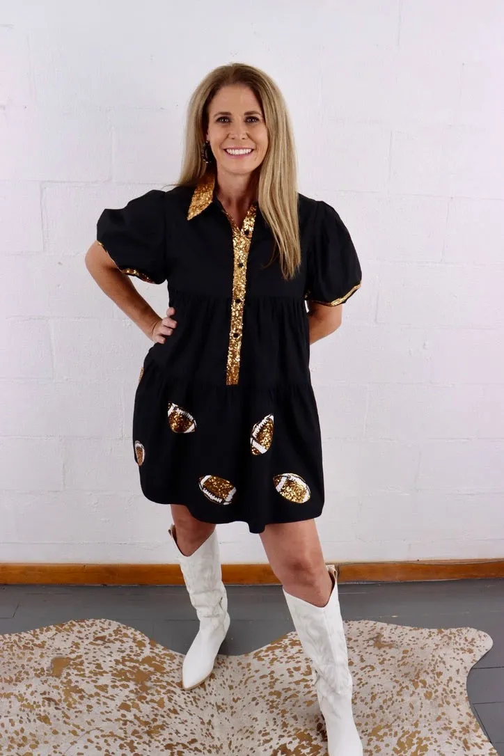 Poplin Game Day Sequin Gold Footballs Shirt Dress
