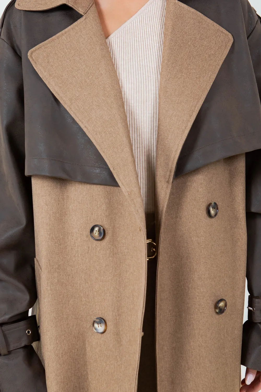 PU LEATHER CONTRASTED LONG TRENCH COAT - BROWN