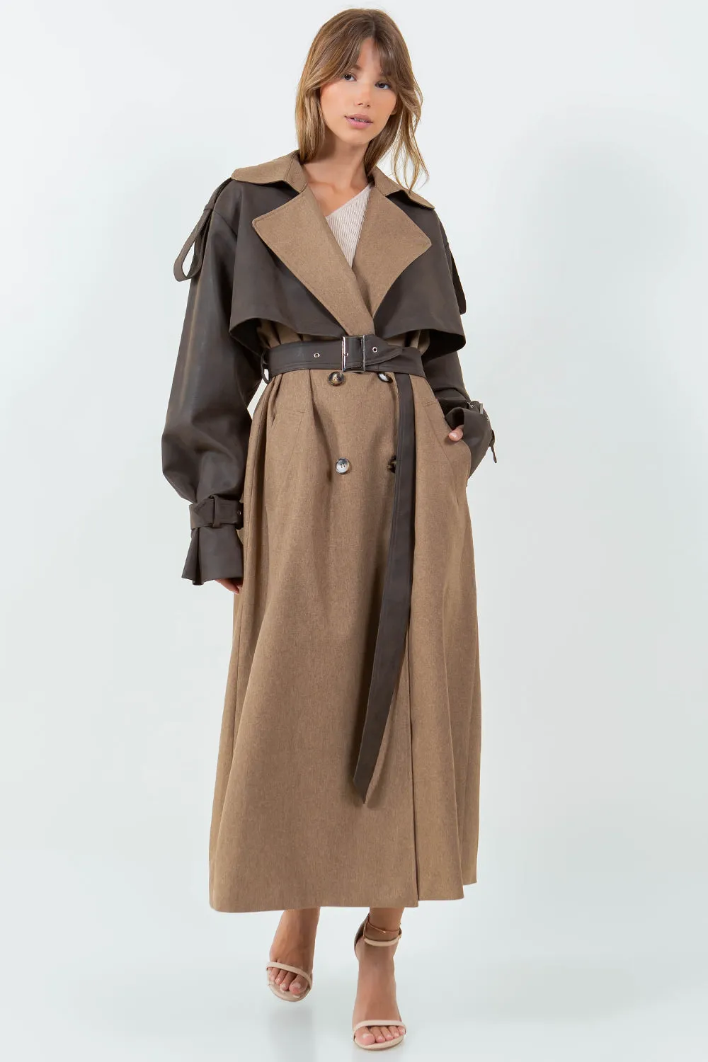 PU LEATHER CONTRASTED LONG TRENCH COAT - BROWN