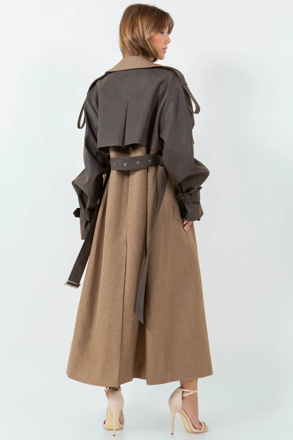 PU LEATHER CONTRASTED LONG TRENCH COAT - BROWN