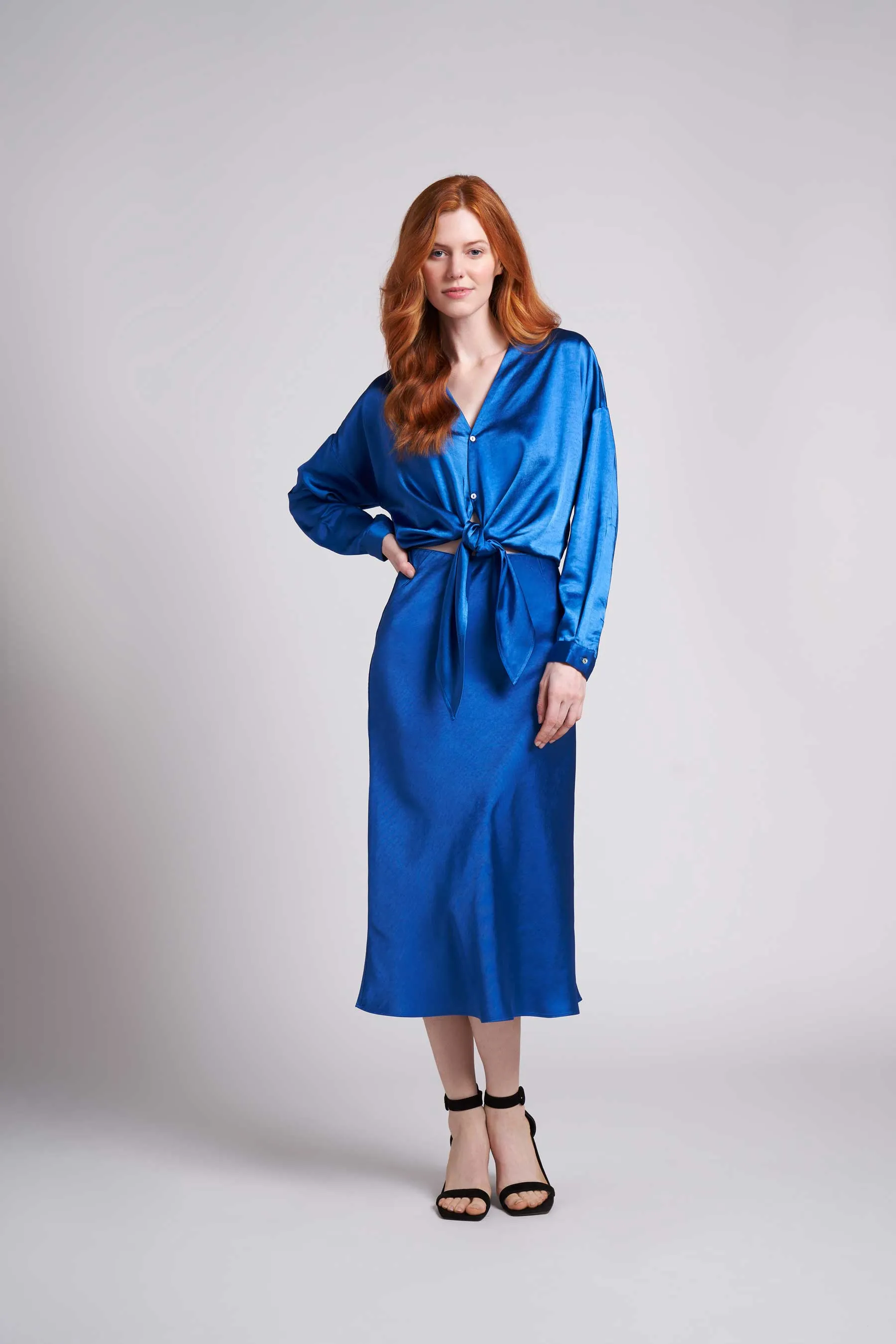 Sapphire Blue Sophie Satin Midi Skirt