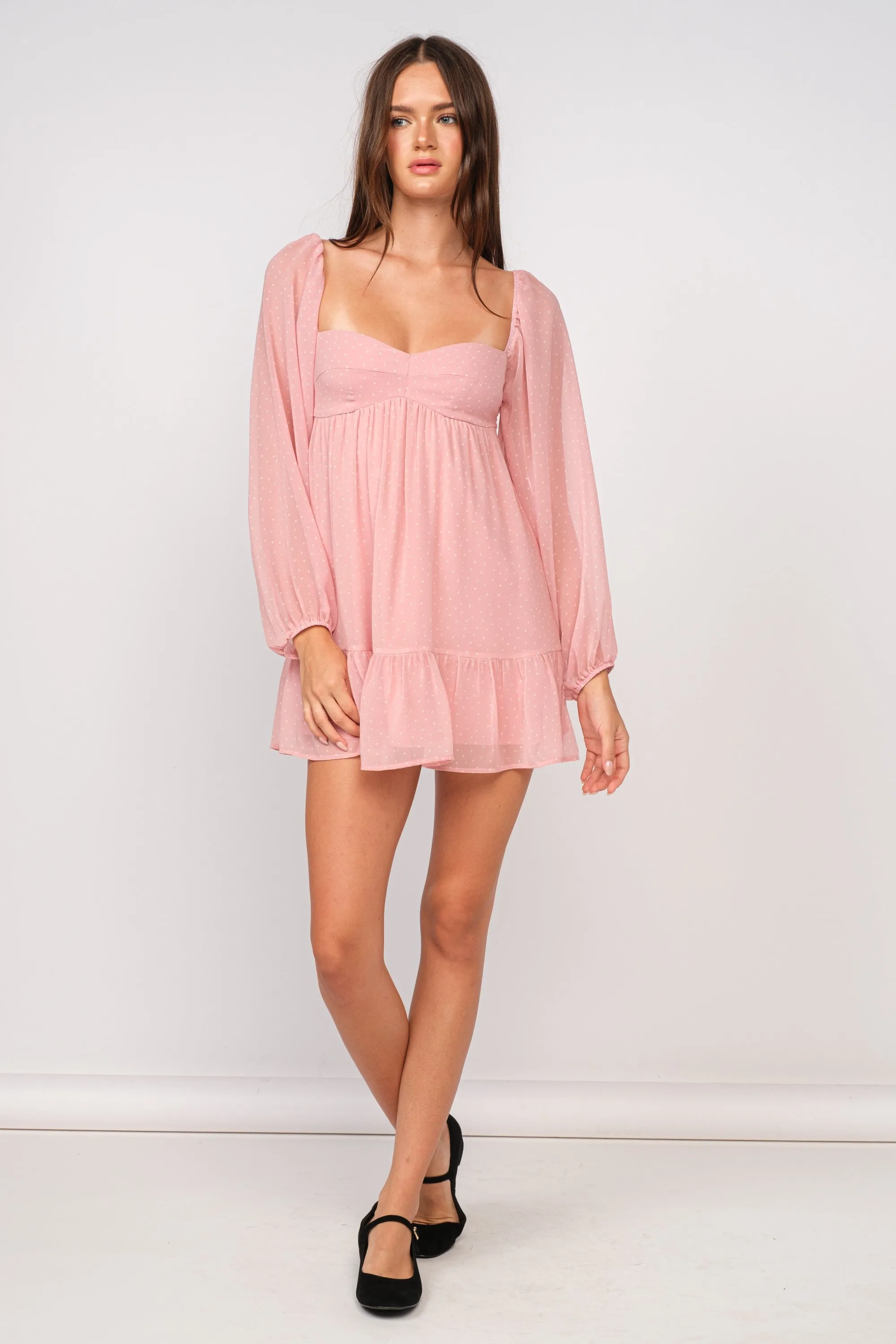 Trish Pink Dot Long Sleeve Babydoll Mini Dress