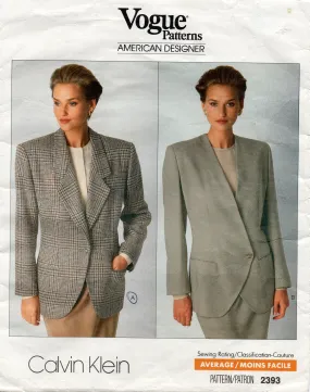 Vogue American Designer 2393 CALVIN KLEIN Womens Tailored Jacket in 2 Styles 1980s Vintage Sewing Pattern Size 6 - 10