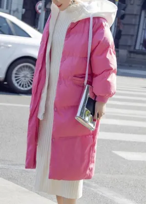 Warm pink down coat winter Loose fitting down jacket hooded drawstring fine coats