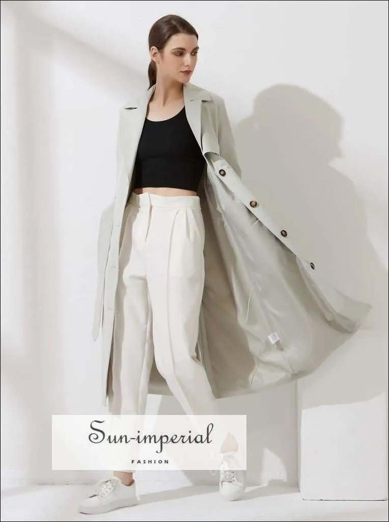 Womens Brown Buttoned Maxi Trench Coat Windbreaker Jacket with Long Sleeve and Belt detail