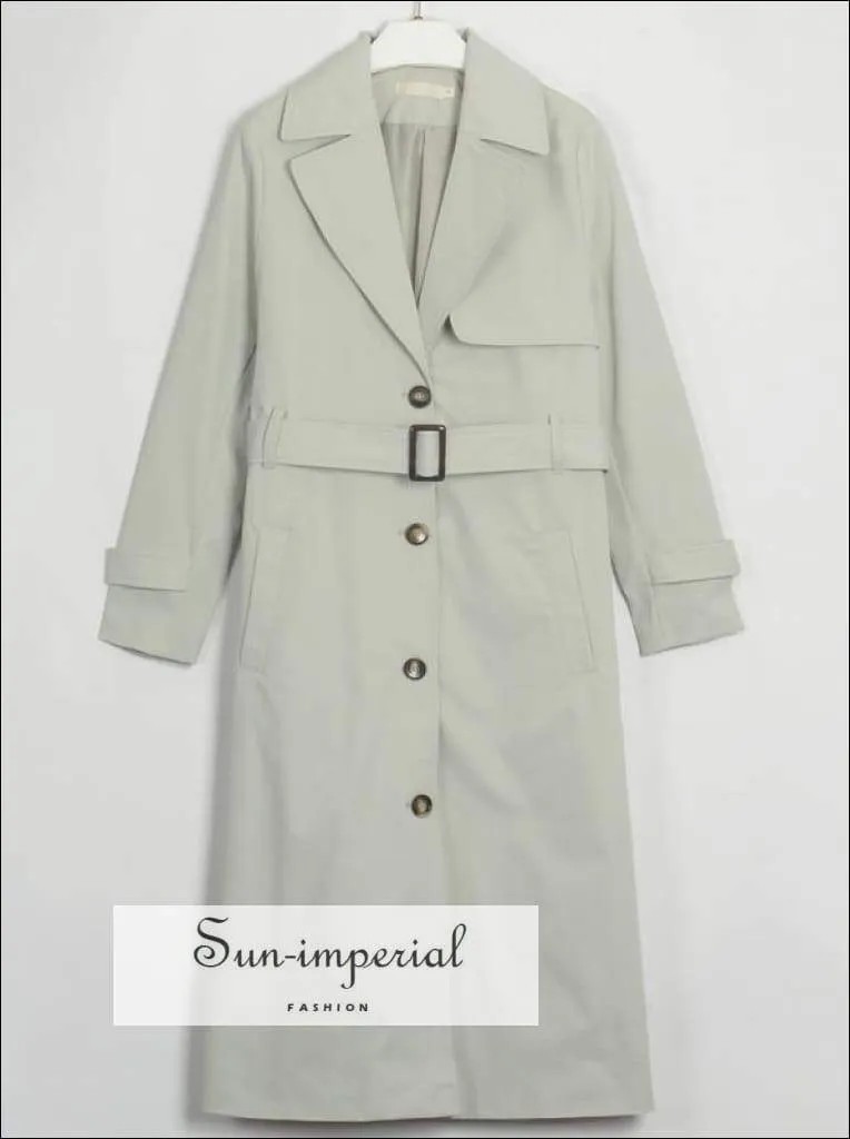 Womens Brown Buttoned Maxi Trench Coat Windbreaker Jacket with Long Sleeve and Belt detail