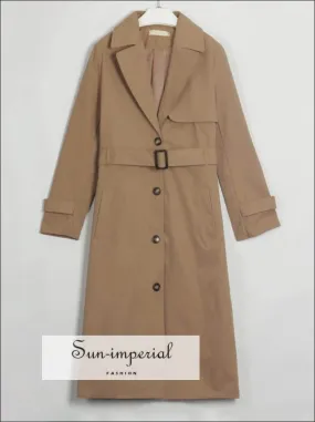 Womens Brown Buttoned Maxi Trench Coat Windbreaker Jacket with Long Sleeve and Belt detail