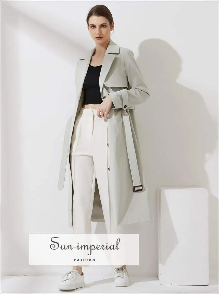 Womens Brown Buttoned Maxi Trench Coat Windbreaker Jacket with Long Sleeve and Belt detail