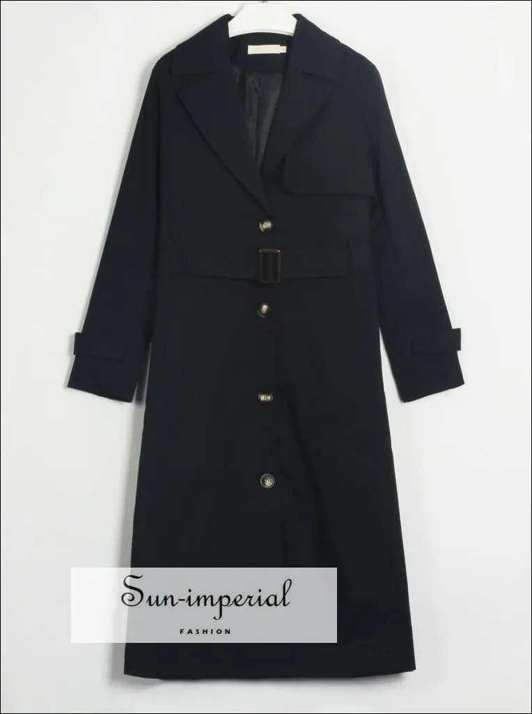 Womens Brown Buttoned Maxi Trench Coat Windbreaker Jacket with Long Sleeve and Belt detail
