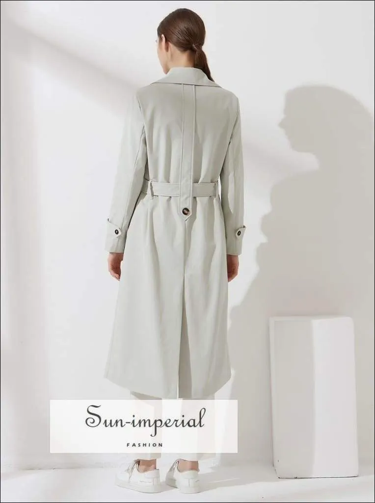 Womens Brown Buttoned Maxi Trench Coat Windbreaker Jacket with Long Sleeve and Belt detail