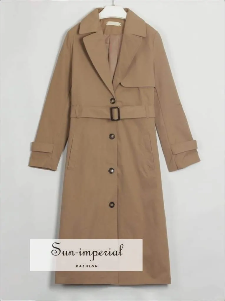Womens Brown Buttoned Maxi Trench Coat Windbreaker Jacket with Long Sleeve and Belt detail